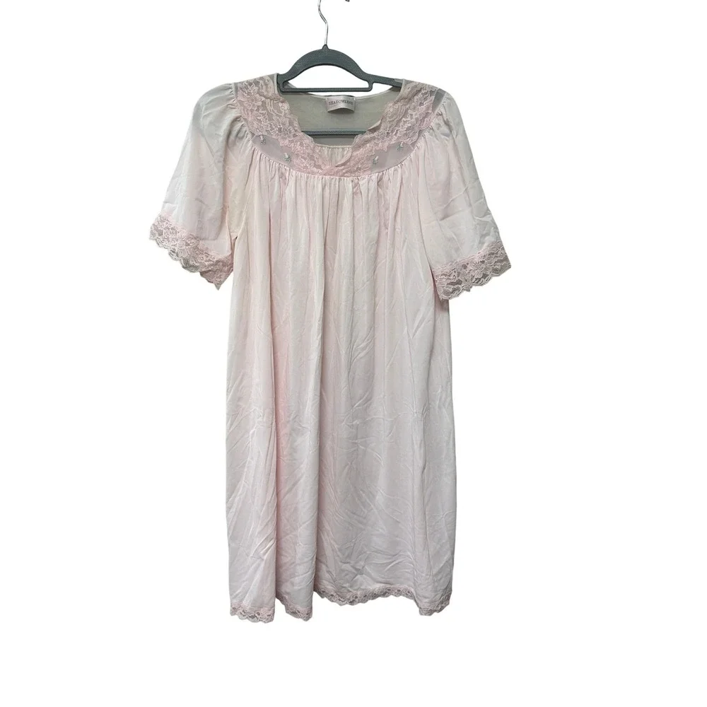 Shadowline‎ Vintage Pink Nightgown Lace Trim Mesh Yoke Floral Embroidery SS XL